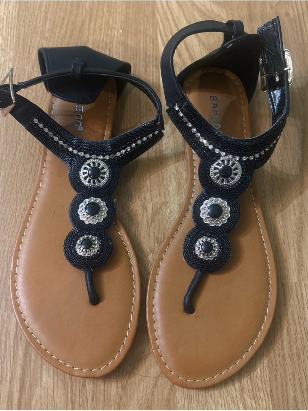 Black Embellished T-Strap Sandals